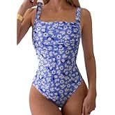 Ruched Bathing Suits for Women Floral Print & Tummy Control One Piece Swimwear Square Neck Monokini Slimming Swimsuits