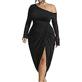 WDIRARA Women's Plus Size Off Shoulder Bodycon Dress Mesh Long Sleeve Ruched Split Midi Dresses