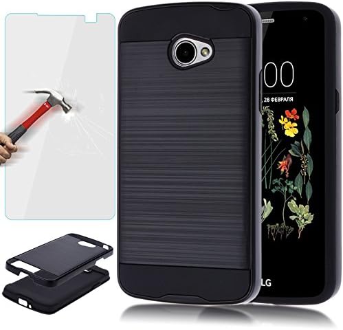 LG K5 Case, X220 Case,AUU Dual Layer Slim [Brushed Metal Texture] Full Body Impact Resistant Armor Shockproof Heavy Duty Cover Shell For LG K5 X220 Black +Tempered Glass Screen Protector