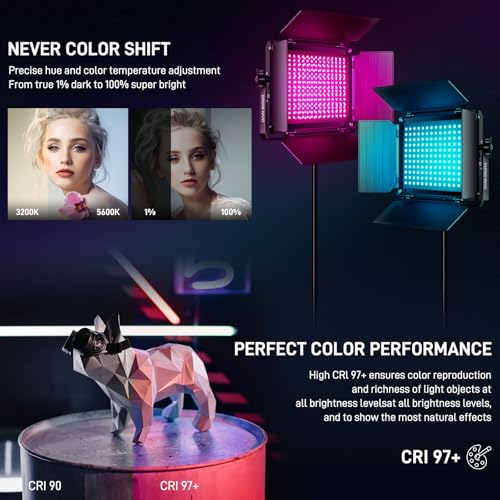 GVM LED Video Light with Tripod, 880RS 60W RGB Studio Light Video Light Panel 3200K-5600K 11200Lux/0.5 m Photography Continuous Light for YouTube Studio Film Light Streaming, 18 Light Effect, App Control, CRI97+