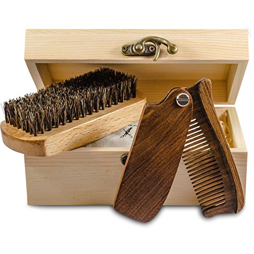 Beard and Mustache Grooming Care Kit - Wooden Folding Comb and Natural Beard Brush for mens Giftbox Premium Care Set for Men Facial Hair Sandalwood Folding Pocket Comb Beech Brush Wooden Box