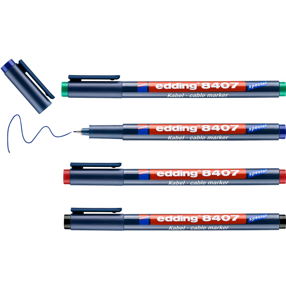edding 8407 cable marker set - 4 pens - thin round nib 0.3 mm - for precise labelling and marking of all types of cables - ideal for electricians