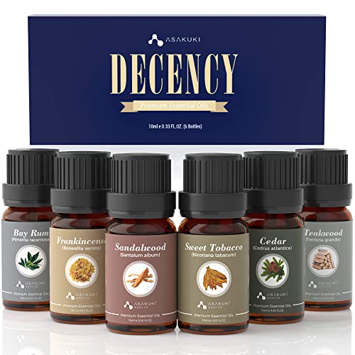 ASAKUKI Essential Oils Gift Set Premium Fragrance Oils for Gentlemen, Candle & Soap DIY Making - Sandalwood, Cedarwood, Frankincense, Teakwood, Sweet Tobacco, Bay Rum, 10ML Wood Scents