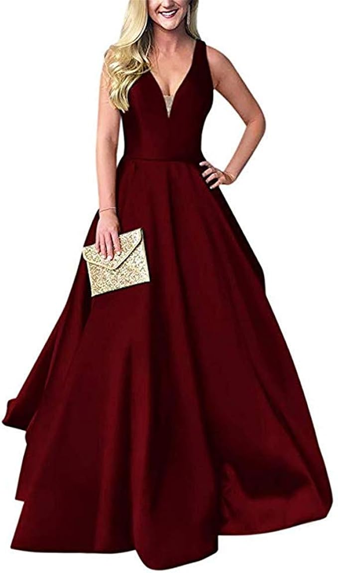 Modeldress V Neck A Line Long Prom Dresses for Women Formal Evening