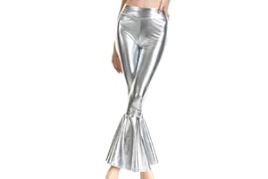 Women Shiny Metallic Bell Bottom Bootcut Palazzo Leggings 70s Disco Wide Leg Pants High Waist Dance Yoga Trousers