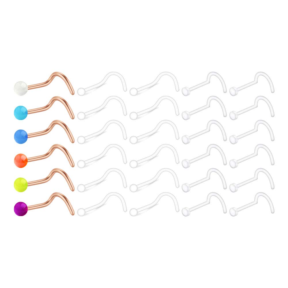Longita 20G Nose Studs Stainless Steel & Plastic Clear Bioflex Piercing Retainer Straight L Shaped Nose Stud Screw Body Jewellery 30PCS