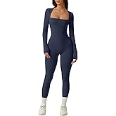 QINSEN Womens Sexy Square Neck Long Sleeve Full Length Leggings Bodycon Stretch Jumpsuit
