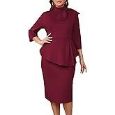 WanMem Plus Size Dress for Curvy Women Semi Formal Cocktail Party Midi Dress Bodycon Long Sleeve Bow Ruffle Pencil Dresses