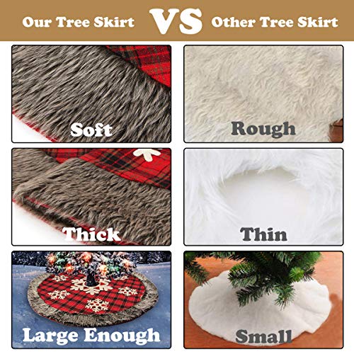 Aiduy Christmas Tree Skirt, 48 Inch Large Xmas Tree Skirt, Burlap Buffalo Plaid Christmas Tree Skirt with Thick Faux Fur Snowflake