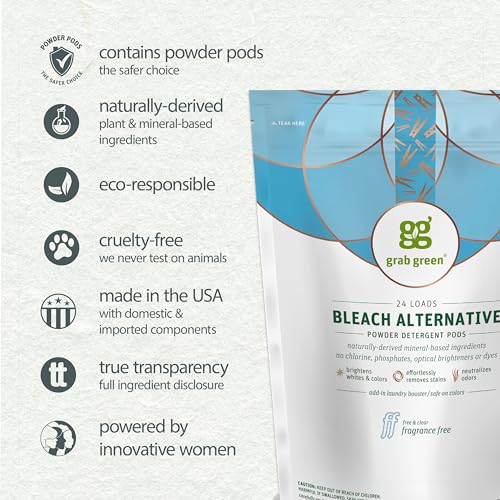 Grab Green Bleach Alternative Pods, 60 Count, Chlorine Free, Fragrance Free, Plant and Mineral Based, Laundry Booster to Brighten Whites, Removes Stains, Neutralizes Odors