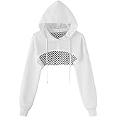 SHENHE Women's Fishnet Long Sleeve Drawstring High Low Workout Hoodie Crop Tops