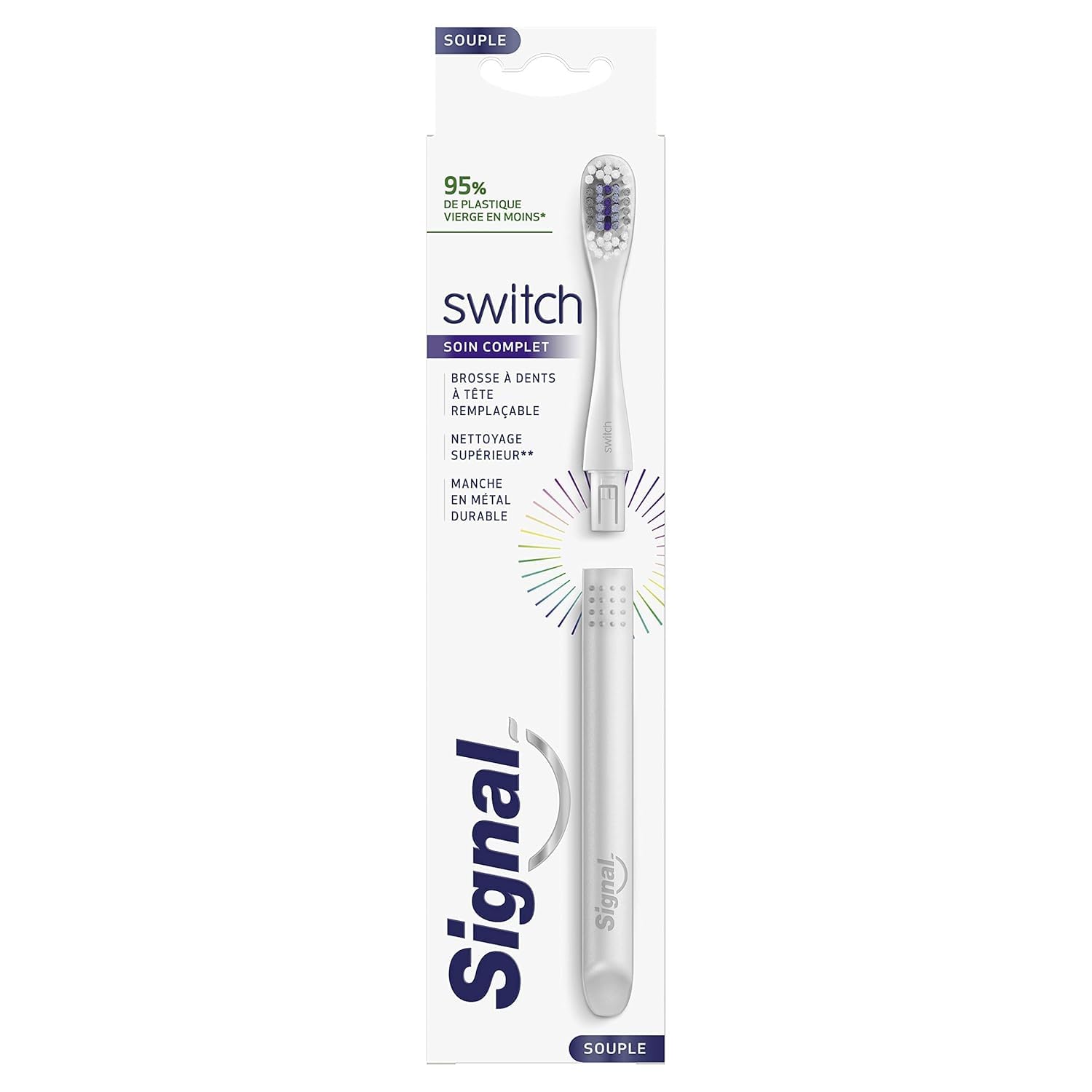 Signal Switch Complete Care Soft Toothbrush, Reusable Metal Handle, 100% Recyclable Replaceable Heads, Black or Silver, Starter Kit (Handle + Head) x1