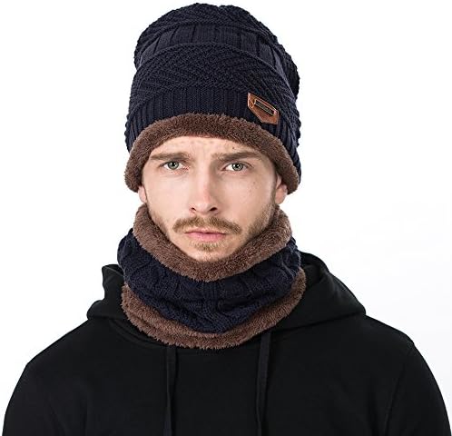 Winter Knit Hat Scarf Set, Warm Thick Knit Skull Cap For Men/Women (Navy Blue)
