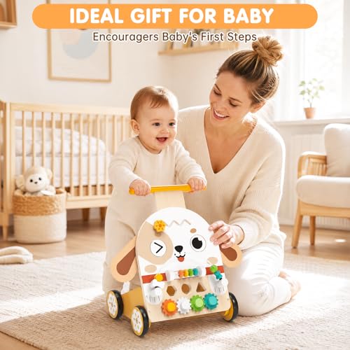 Fozcmisw Carrello Primi Passi Legno Cane Montessori 6-in-1, Girello 1 Anno | Carrello Primi Passi a Forma di Cane, 6-in-1: Labirinto di Perline, Selezionatore di Forme, Ingranaggi & Altro