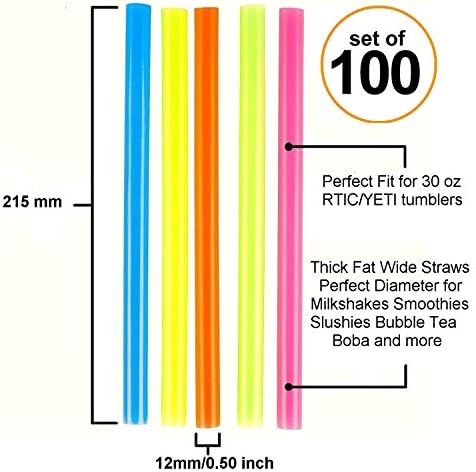 EXTRA LARGE/COLOSSAL Straws - Set of 100 by GIGAKRAFT - 12 MM/0.50 Inch Wide ASSORTED | Perfect Thickness for Smoothies Milkshakes Bubble Tea/ Boba | [1/2 Inch Wide X 8 1/2 Inch Long]