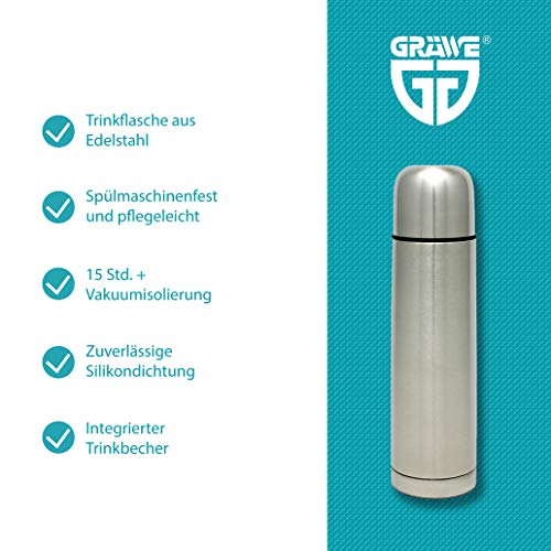 GRÃWE Thermosflasche, Edelstahl Trinkflasche, Thermoskanne, Isolierflasche für unterwegs mit Becher, Auslaufsicher, Spülmaschinengeeignet, Silber, 1 Liter – Bild 3