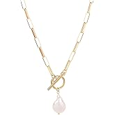 Baroque Silvery Freshwater Pearl Long Pendant Necklace Paperclip Toggle Drop Stainless Steel Necklace For Women