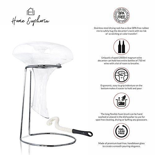 Wine Decanter - Hand Blown, Lead-Free Crystal Glass Carafe. Designed for Superior Decanting. Reds, Port, Sangria. Perfect for Wedding and Housewarming Gifts - Thumbnail 2