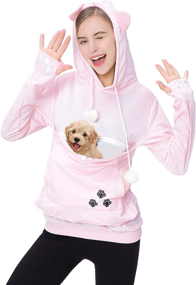 JomagoWomens Pet Carrier Thin Hoodies Kitten Puppy Pouch Shirts Animal Holder Hood Long Sleeve Sweatshirt