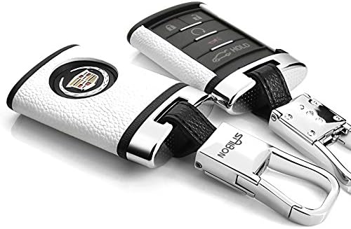 Saibon Protective WHITE Genuine Leather Hard Back Keyless Remote Entry Case Keychain for Cadillac CTS XTS ATS SLS SRX