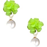 Chanaiqw Flower White Pearl Stud Drop Dangle Earrings for Women Pearl Floral Earrings for Her Bridal Wedding Party Jewelry