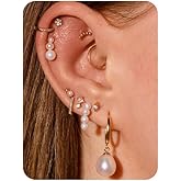 Gold Earrings Set for Women Trendy 14K Gold Plated Gold Dainty Small CZ Opal Pearl Evil Eye Stud Huggie Hoop Earrings Cartilage Earrings for Women