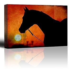 Horse Silhouette - Orange Setting Sun - Rustic Wall Art - Canvas Art Home Art - 12x18 inches