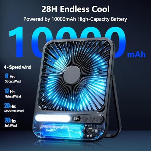 Portable Desk Fan for Travel, 7 Inch Portable Fan with Light – Rechargeable Camping Fan, 10000mAh Battery, 28H Runtime, 4 Speeds, Ultra-Thin, Quiet, Timer & LED Display, for Bedroom, Office, Camping