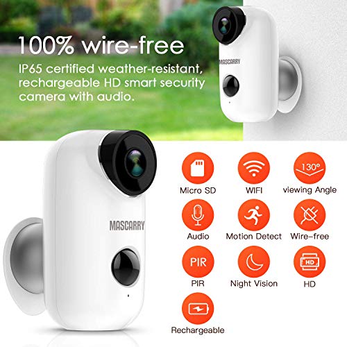 Mascarry Wireless WiFi Home Security Camera System with PIR Motion Detection, Rechargeable Battery Powered, Wall Mount,Indoor/Outdoor, HD Video, 2-Way Audio Night Vision & SD Card Socket