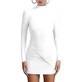 Misng Women's Sexy Long Sleeve Turtleneck Bodycon Mini Dresses Ruched Party Short Dress
