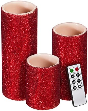 Red Glitter Battery Operated Flameless LED Wax Pillar Candle w/Remote, Set of 3