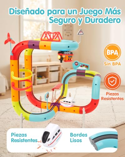 hahaland Electric Train Toy Kids 64 Pieces, DIY 3D Building Kit with Anti-Gravity Track, 2 USB-C Rechargeable Vehicles, Creative Stem Toy, Gift Boy Girl 3 4 5 6 Years Old