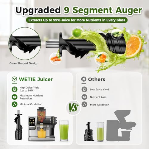 WETIE Exprimidor de prensa en frío, potentes máquinas exprimidoras con presión de jugo ajustable, 99% de alto rendimiento de jugo, exprimidor silencioso de masticaje lento con visualización táctil