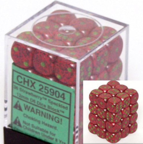 Chessex Dice d6 Sets: Strawberry Speckled - 12mm Six Sided Die (36) Block of Dice