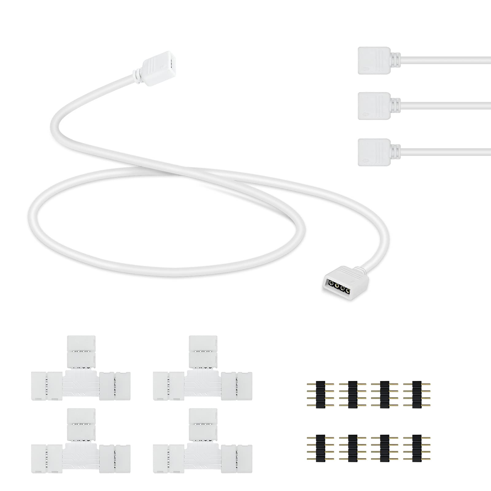 WOWLED 10mm 4pin 5050/3528 RGB LED Strip Solderless Connector Kit- Includes 4 pcs 1.64FT Extension Cable, 8pcs male 4pin plugs and 4pcs 4pin T Shape connectors