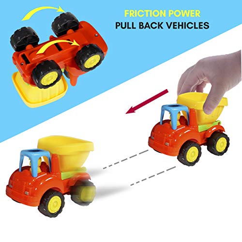 Friction Powered Cars Push and Go (4 Pack), Construction Vehicles Toys for Toddlers Including Tractor, Bulldozer, Cement Mixer, Dump Truck, Car Truck Toys Play Set for 2 3 4 Years Old Boys Gift