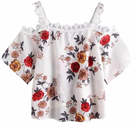 Nevera Women Sexy Lace Patchwork Tops Short Sleeve Floral Print Blouse (XXL, White 1)