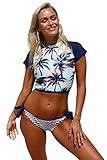 SherryDC Women's Printed Short Sleeve Crop Rash Guard Swimsuit Beachwear Bathing Suit