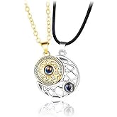 Hifunny 2Pcs Couple Necklace Stainless Steel Sun Moon Attract Matching Pendant Necklace I Love You 100 Languages for Couples Or Best Friends(Golden Sun Silver Moon)