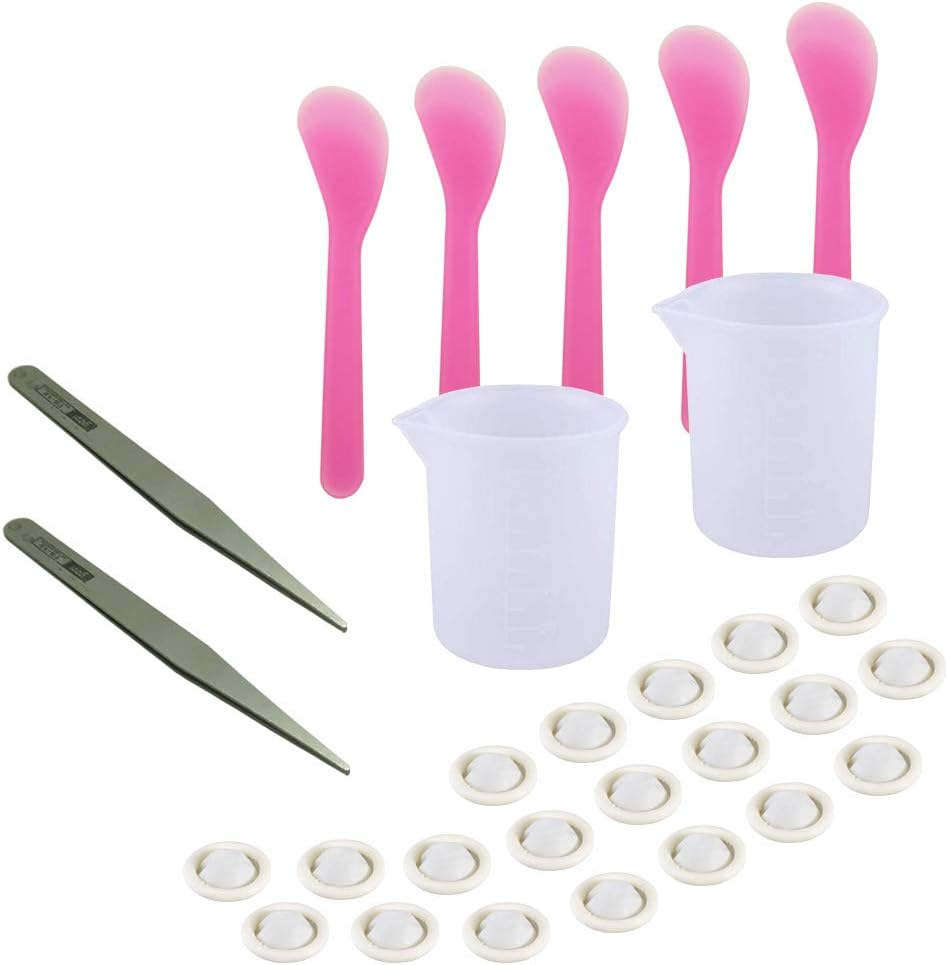 Vtete Resin Casting Molds Set - 2 PCS 100 ml Silicone Measuring Cup + 5 PCS Mixing Spoons + 2 PCS Tweezers + 20 PCS Disposable Finger Cots - for Measuring Glass Crystal Scale Jewelry