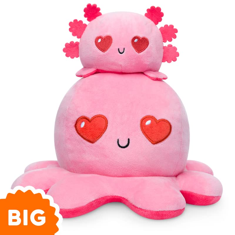 TeeTurtle - Original Reversible Big Octopus Plushie - Pink Heart Eyes + Fire Eyes - Huggable and Soft Sensory Fidget Toy Stuffed Animals That Show Your Mood - Perfect for Valentine\'s Day!