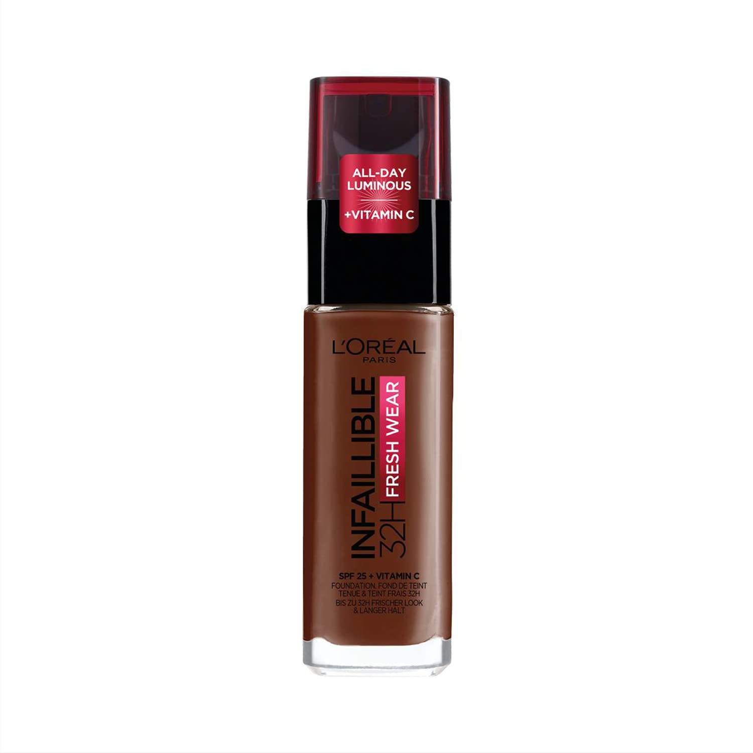 L'Oréal Paris Liquid Foundation, Full Coverage, Lasting Wear, With Vitamin C and SPF 25, Infallible 32H Fresh Wear, 390 Ebony