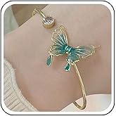 Aneneiceera Vintage Enamel Green Butterfly Bangle Bracelet Butterfly Open Cuff Bracelets Gold Metal Cuff Bangle Bracelets Tiny Crystal Butterfly Bracelet Hand Chain Jewelry for Women