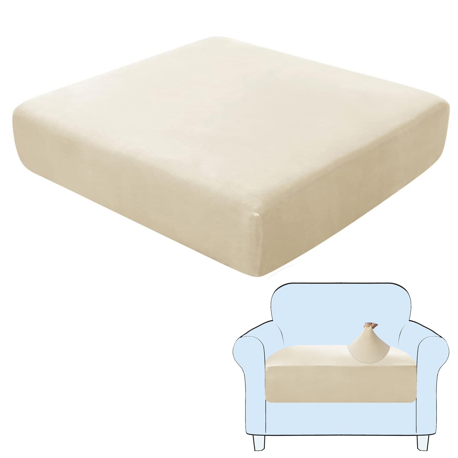SHUOJIA Sofa Seat Cushion Covers, Stretch Velvet Sofa Cover, Non-Slip Couch Cushion Covers Replacement for Individual Cushion,with Elastic Fabric,Machine Washable (Cream Color,Large-1-Seater)