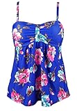 Cocoship French Blue & Red Floral Vintage Inspired Swim Top Retro Ruched Modest Tankini Bathing Suit 16(FBA)
