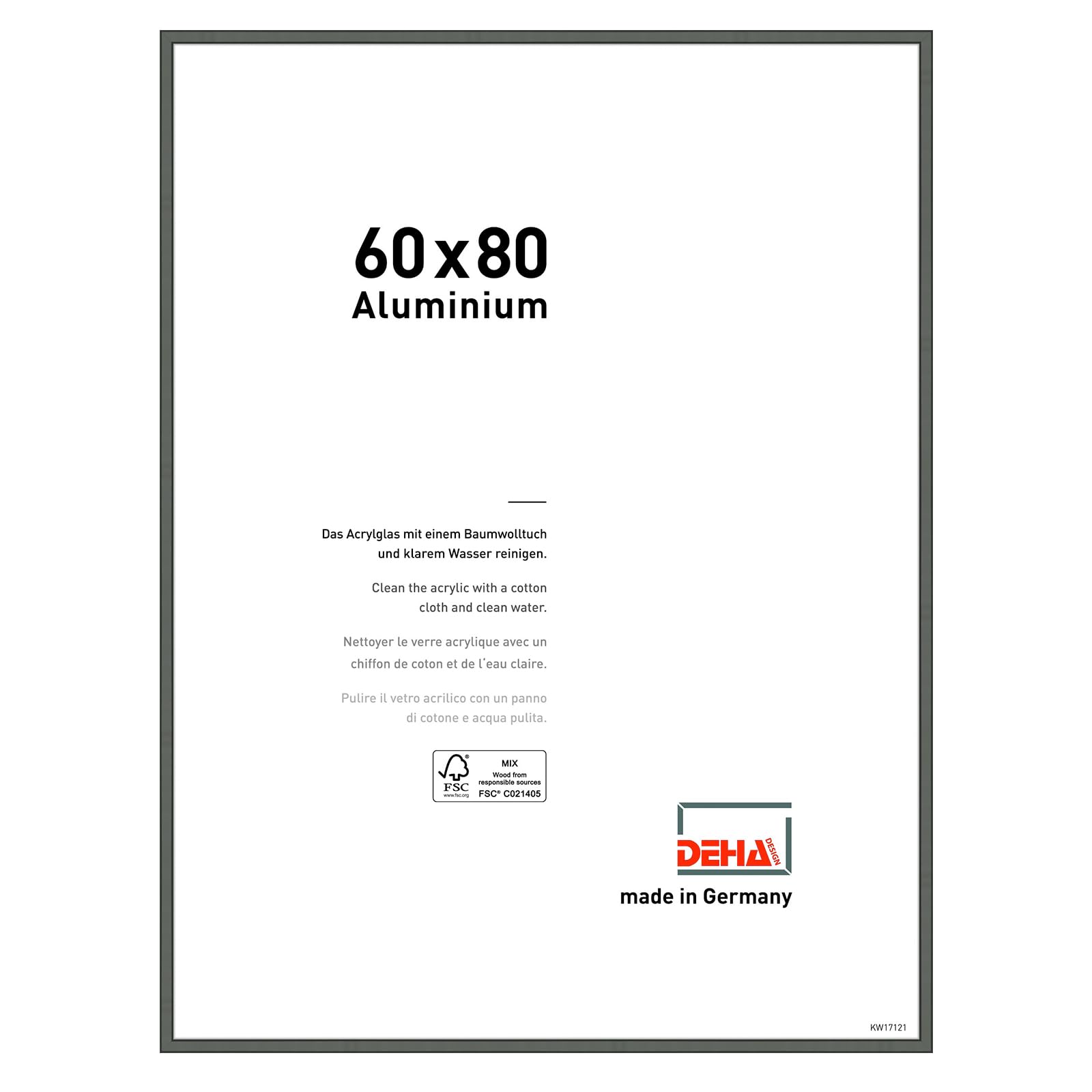 DEHA Design Boston Aluminium Picture Frame - 60x80 cm – Grey - with Synthetic Glass and Push/Turn Clips