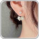 Ximdble Vintage Crystal Bow Ear Jacket Earrings Boho Pearl Stud Earrings Rhinestone Bow Earrings Cz Statement Pearl Earrings for Women