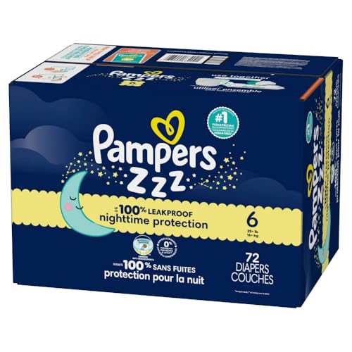 PAMPERS ZZZ OVERNIGHT DIAPERS, SIZE 6 (35+ LBS), 72 COUNT, NIGHTTIME PROTECTION DISPOSABLE BABY DIAPER, NIGHT TIME LEAK AND SKIN PROTECTION
