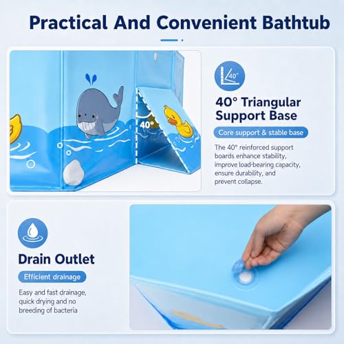 puiaxod Bañera plegable para niños, portátil de viaje para bebés con soporte triangular y tapón de drenaje, mini piscina para exteriores, adecuada para 0-8 años (78 x 41 x 21 cm)