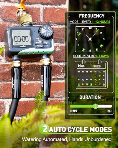 RAINPOINT Water Timer 2 Outlets, IP65 Waterproof Garden Hose Irrigation Timer with Brass Inlet, Rain Delay/Manual Watering, Automatic Watering System for Garden, Yard, Lawn, 2 Zone
